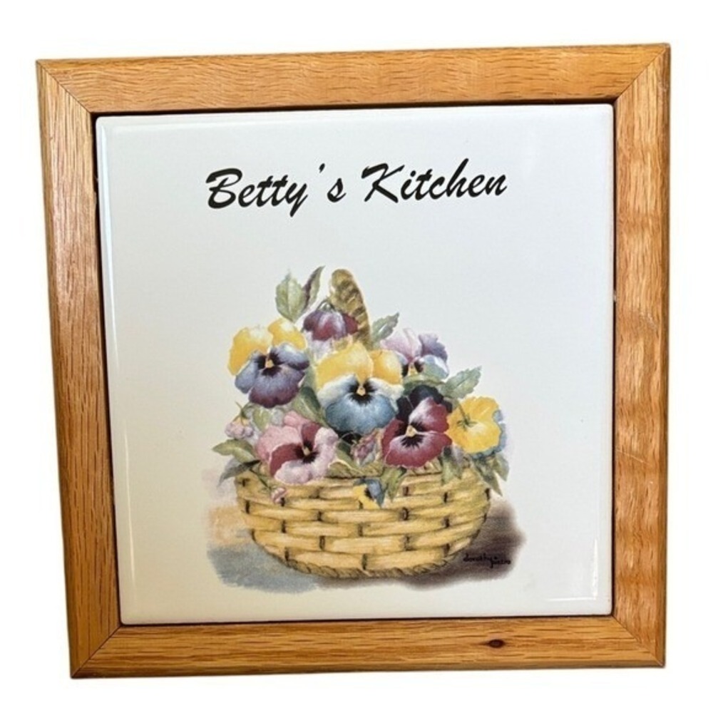 Vintage Floral Basket‎ Ceramic Tile "Betty's Kitchen" Wall Art Trivet 7.5"